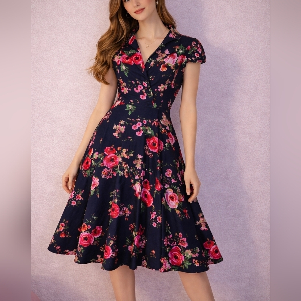 Hearts & Roses Midnight Garden Floral Rose Swing Cap Sleeve Shirt Dress
